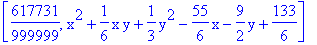 [617731/999999, x^2+1/6*x*y+1/3*y^2-55/6*x-9/2*y+133/6]